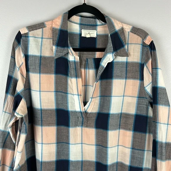 Lou & Grey Lagenlook Plaid Cotton Long Sleeve Pockets Tunic Top Large Blue Peach - Picture 3 of 14